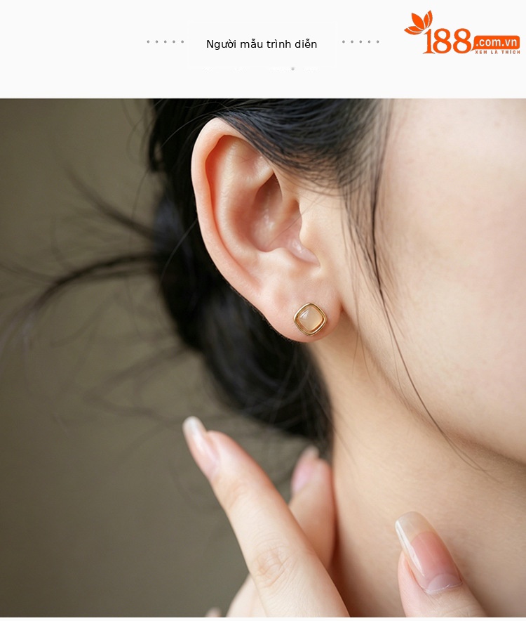 Bông tai bạc S925 mạ vàng đính ngọc bích và hổ phách hình vuông phong cách mới — Kiểu ngọc bích trong chi tiết 5