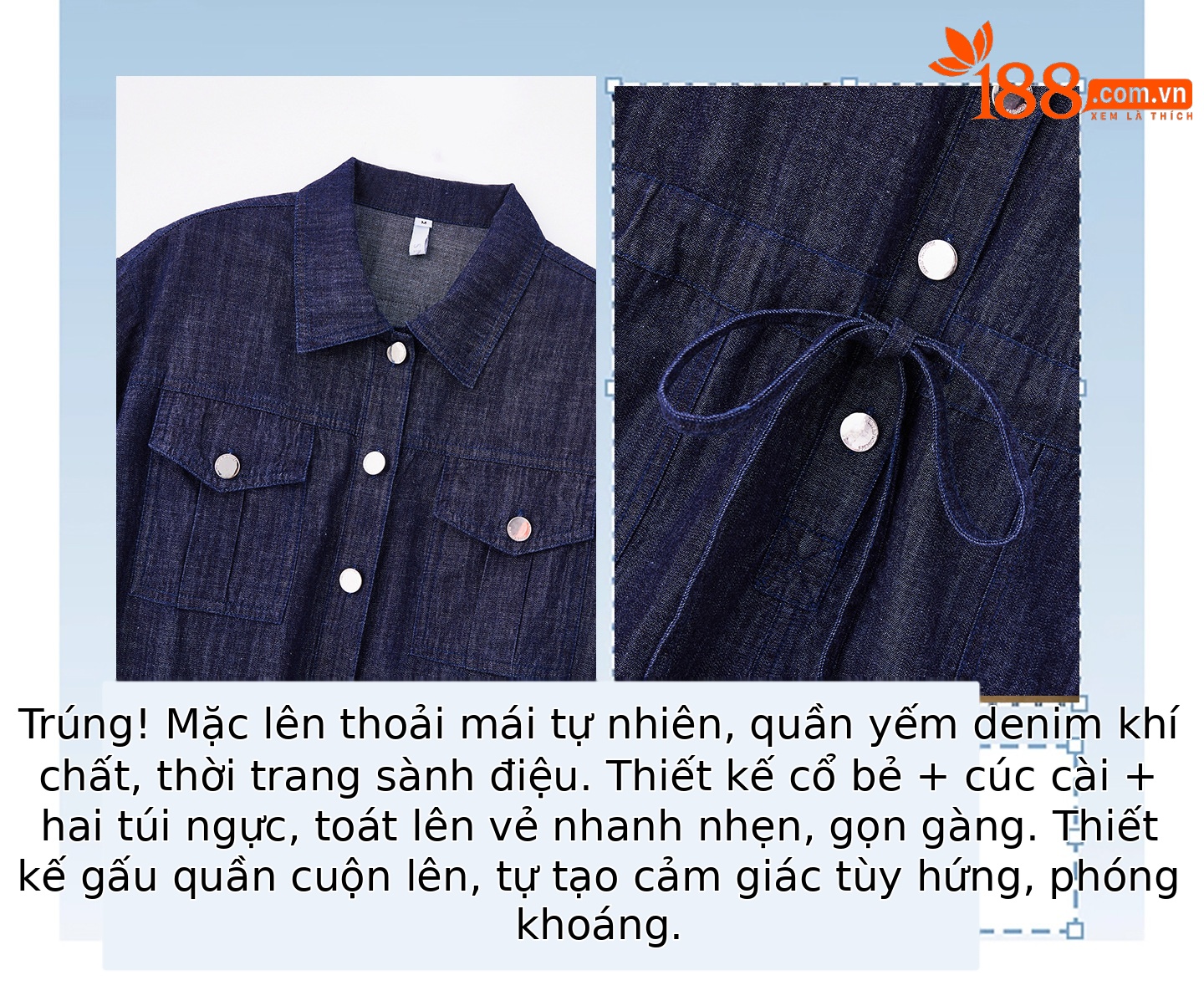 Jumpsuit nữ dài tay denim mỏng mùa hè thiết kế cao cấp trẻ trung E833 — Màu ảnh chi tiết 3