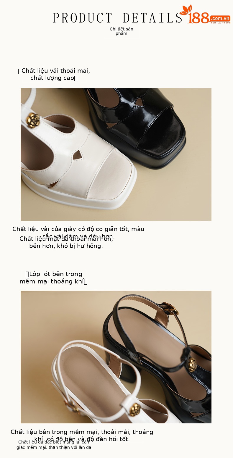 Sandal cao gót nữ mũi hở đế platform da thật quai chữ T — màu đen, màu trắng ngà chi tiết 7