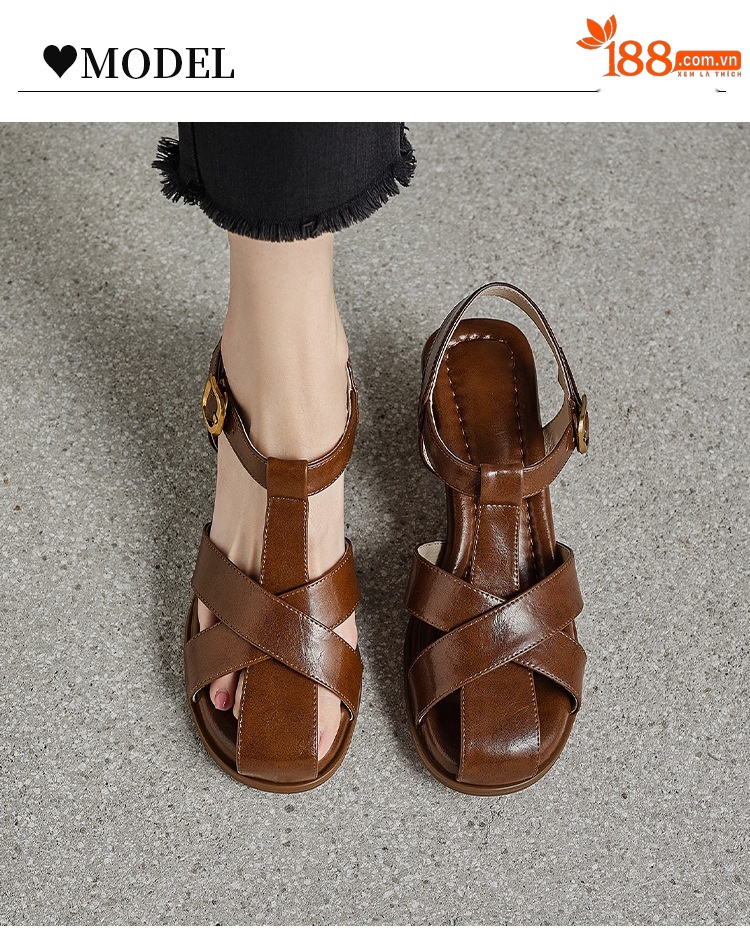 Sandal nữ cao gót quai T dệt kiểu La Mã cổ điển — màu nâu chi tiết 5