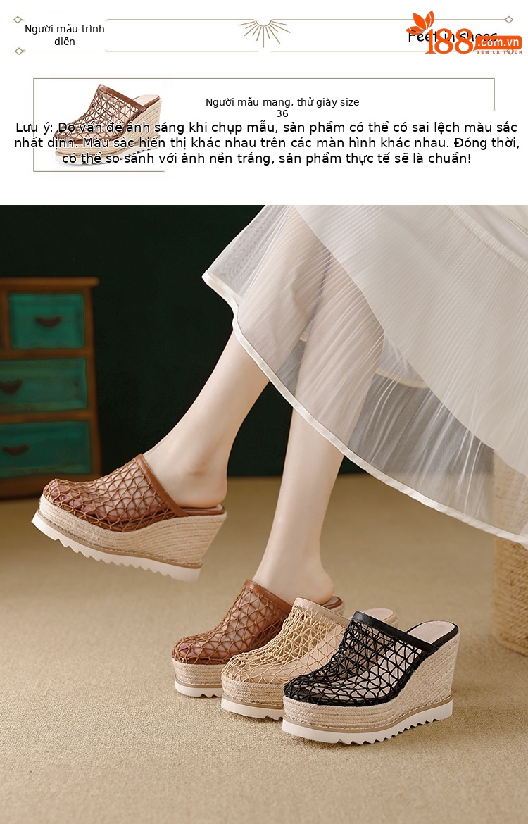 Dép sandal nữ bít mũi đế xuồng cao gót 9 cm phong cách biển — màu nâu, màu đen, màu mơ chi tiết 4