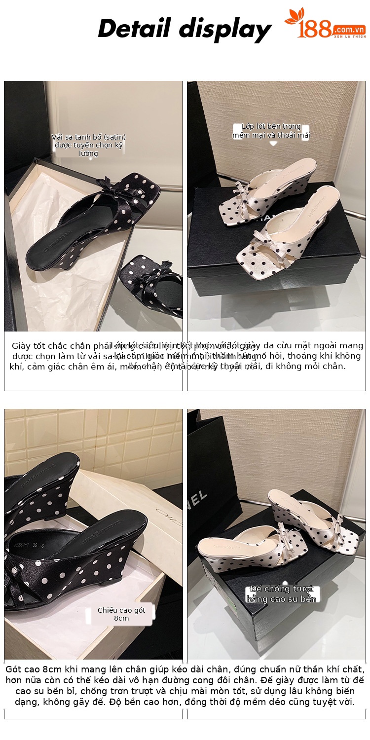 Sandal cao gót nữ hở mũi mũi vuông phong cách Pháp, quai ngang nơ bướm, đế xuồng chấm bi — màu đen, màu trắng chi tiết 3
