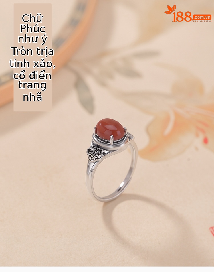 Nhẫn bạc S925 nam mặt hồng mã não hình học trứng mì phong cách retro — Một mảnh chi tiết 1