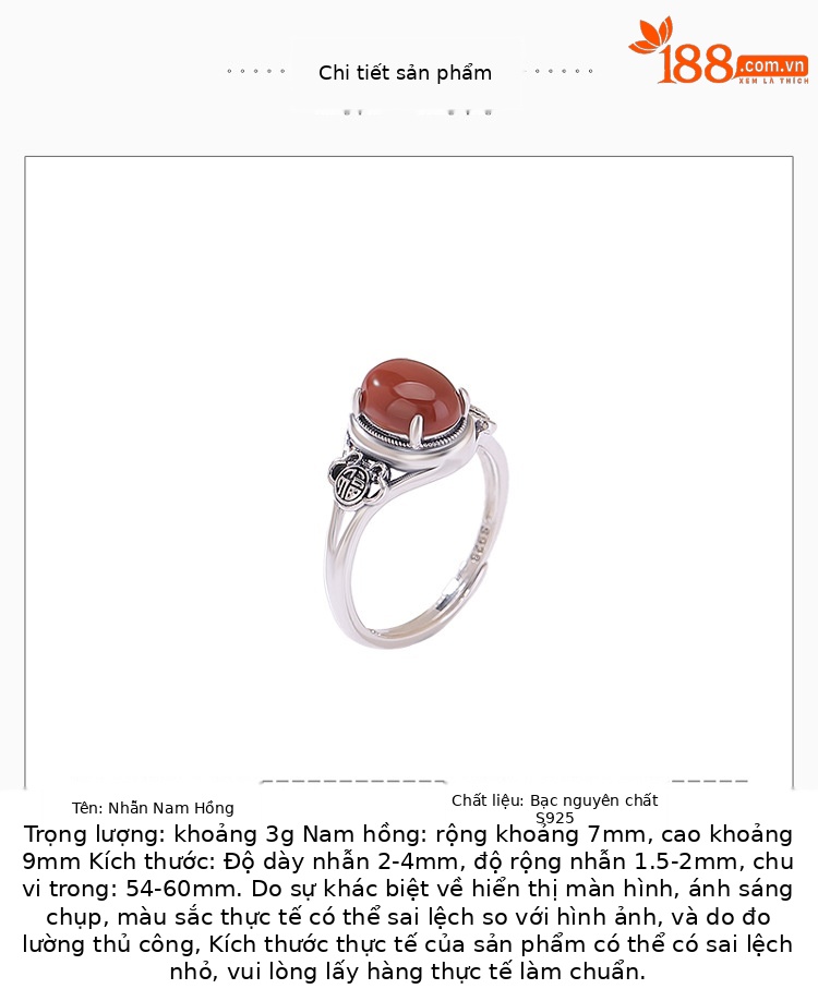 Nhẫn bạc S925 nam mặt hồng mã não hình học trứng mì phong cách retro — Một mảnh chi tiết 2