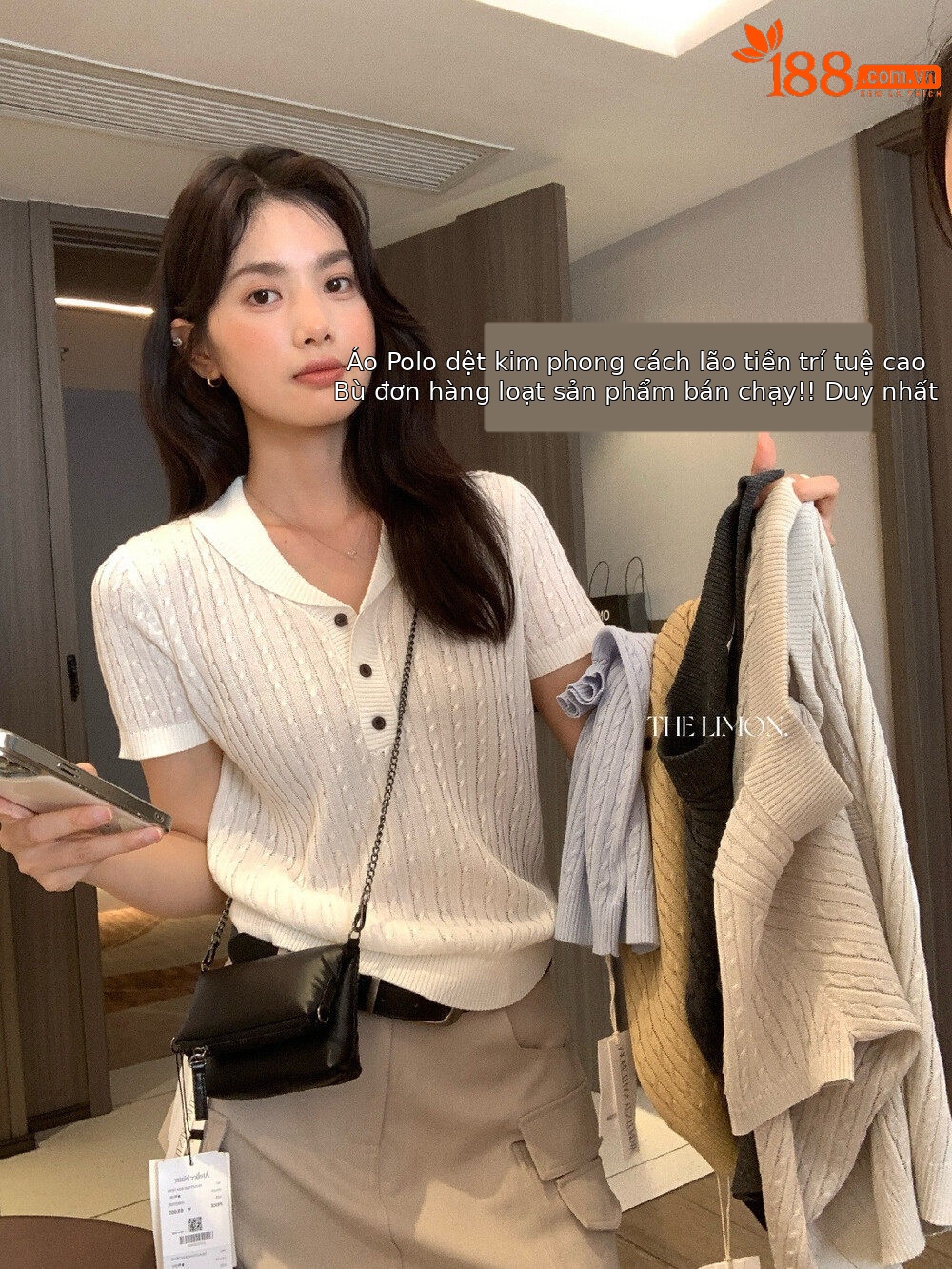 Áo polo nữ cổ bẻ tay ngắn phong cách cổ điển, chất liệu cotton pha sợi, form suông thoải mái — Xám Apricot, trắng ngà, xanh nhạt, Xám hoa sâu chi tiết 20