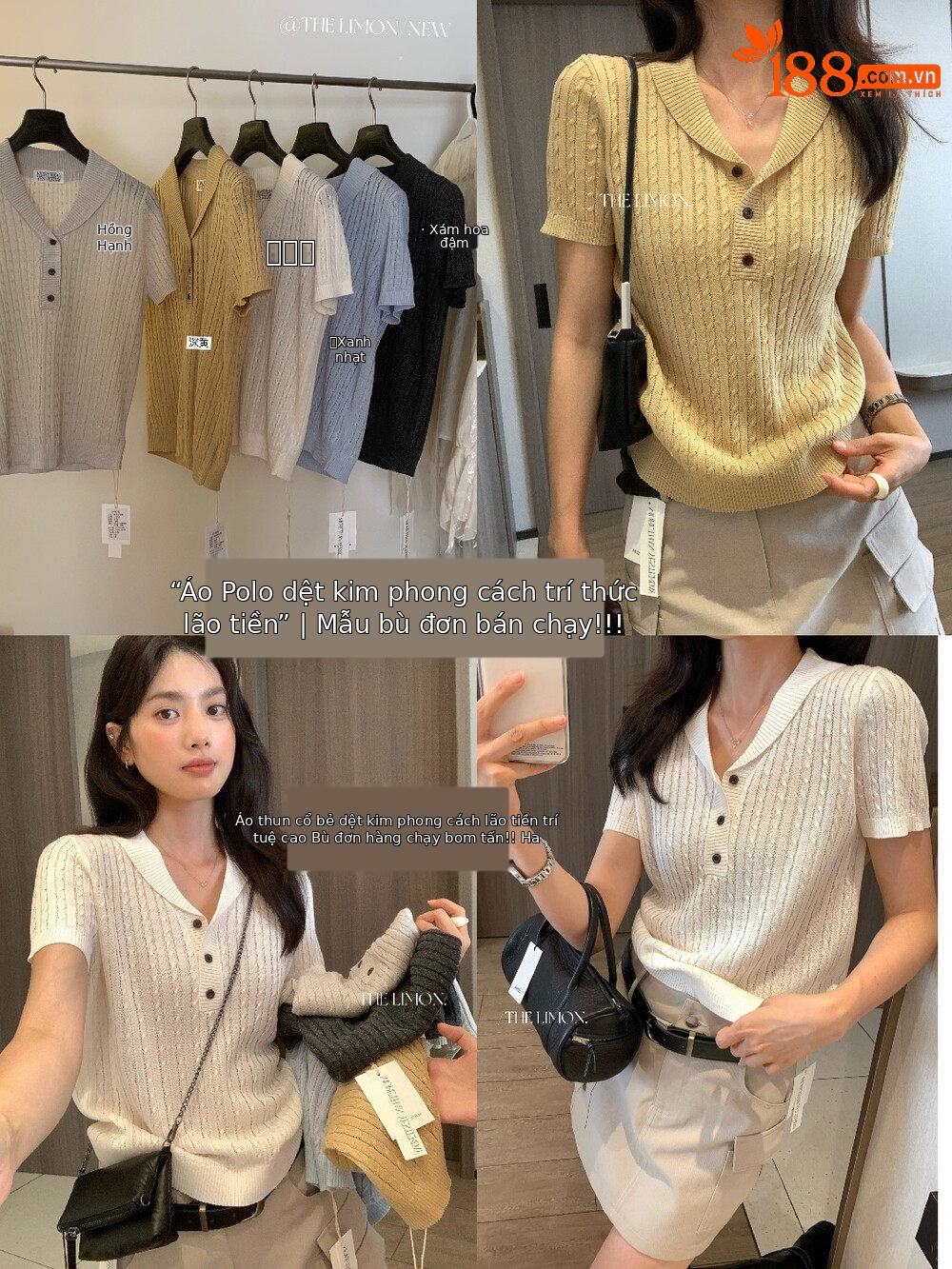 Áo polo nữ cổ bẻ tay ngắn phong cách cổ điển, chất liệu cotton pha sợi, form suông thoải mái — Xám Apricot, trắng ngà, xanh nhạt, Xám hoa sâu chi tiết 31