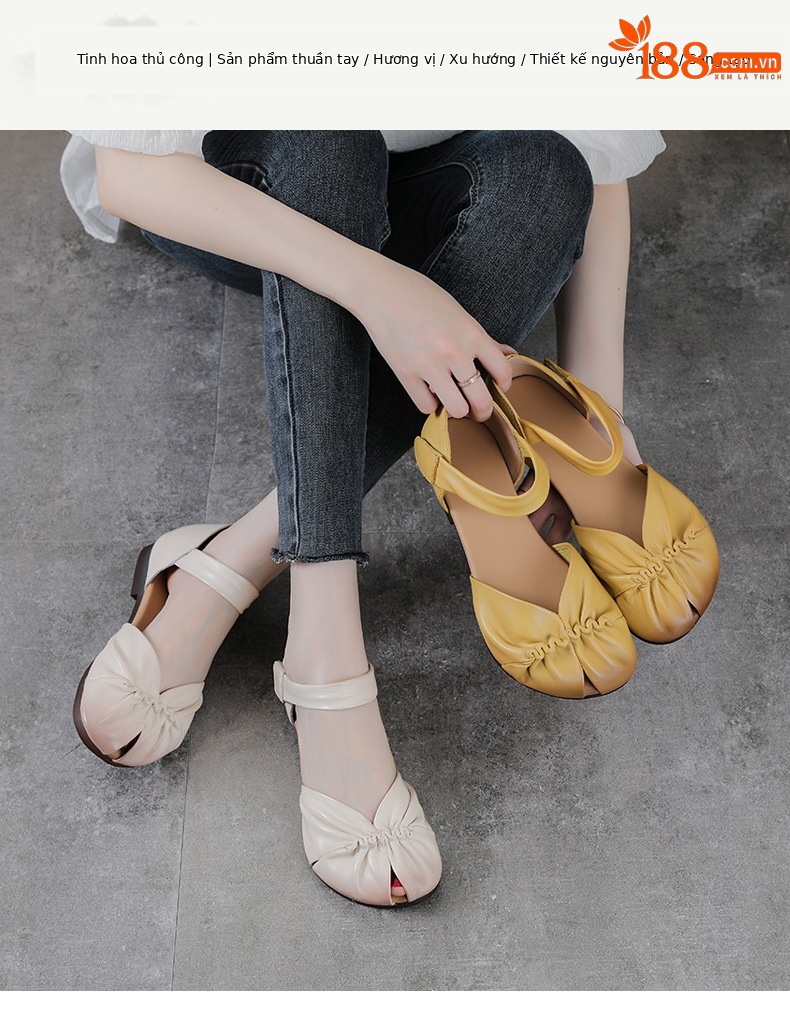Sandal nữ da bò thật phong cách cổ điển, đế bệt thủ công, mũi nhăn — màu be chi tiết 1