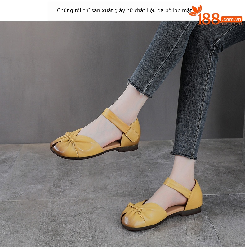 Sandal nữ da bò thật phong cách cổ điển, đế bệt thủ công, mũi nhăn — màu be chi tiết 2