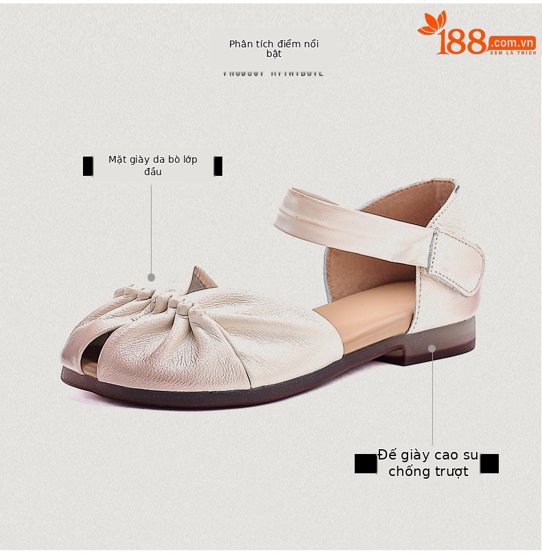 Sandal nữ da bò thật phong cách cổ điển, đế bệt thủ công, mũi nhăn — màu be chi tiết 3
