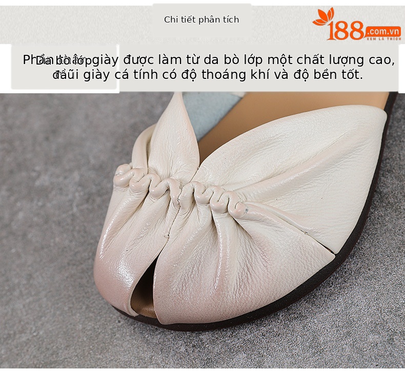 Sandal nữ da bò thật phong cách cổ điển, đế bệt thủ công, mũi nhăn — màu be chi tiết 4