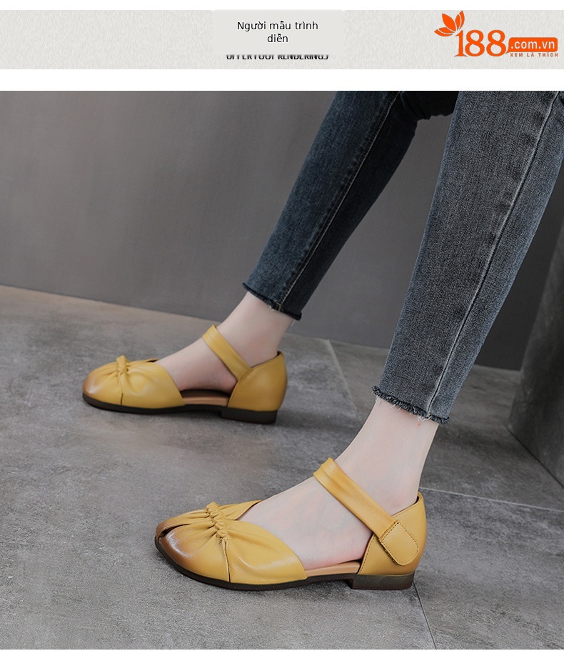 Sandal nữ da bò thật phong cách cổ điển, đế bệt thủ công, mũi nhăn — màu be chi tiết 9
