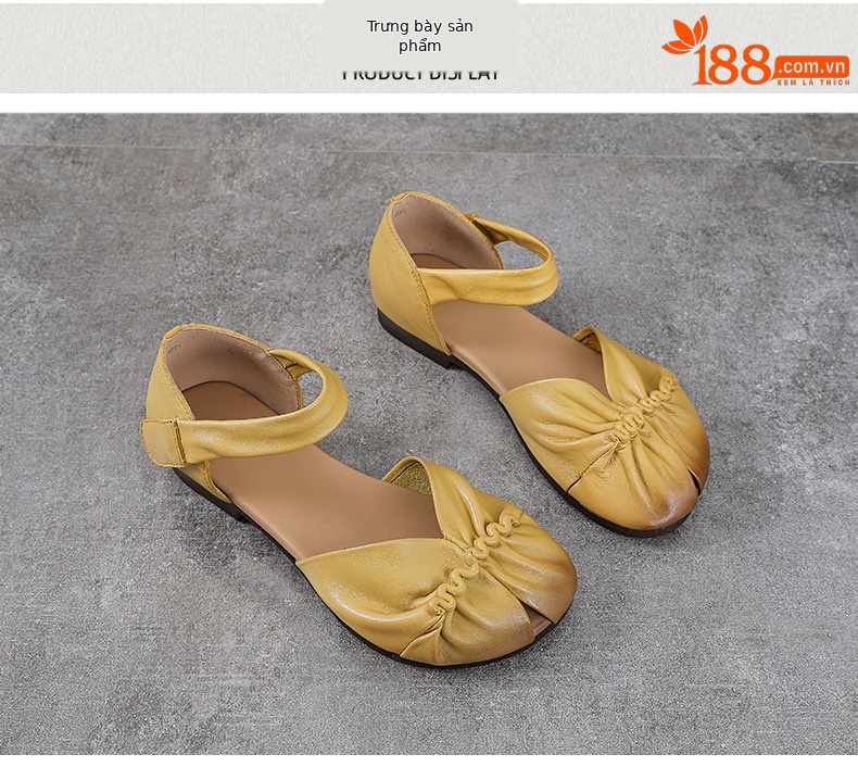 Sandal nữ da bò thật phong cách cổ điển, đế bệt thủ công, mũi nhăn — màu be chi tiết 10
