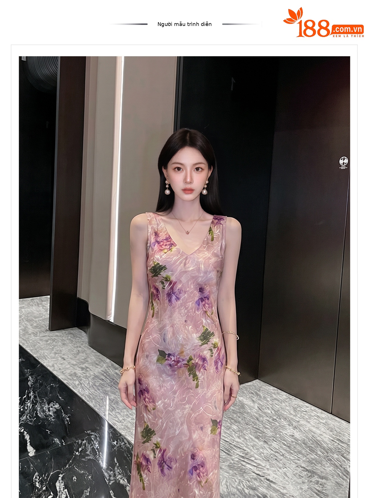 Đầm maxi nữ thắt eo họa tiết hoa văn tân cổ điển dáng suông nhẹ — Hồng tím chi tiết 1