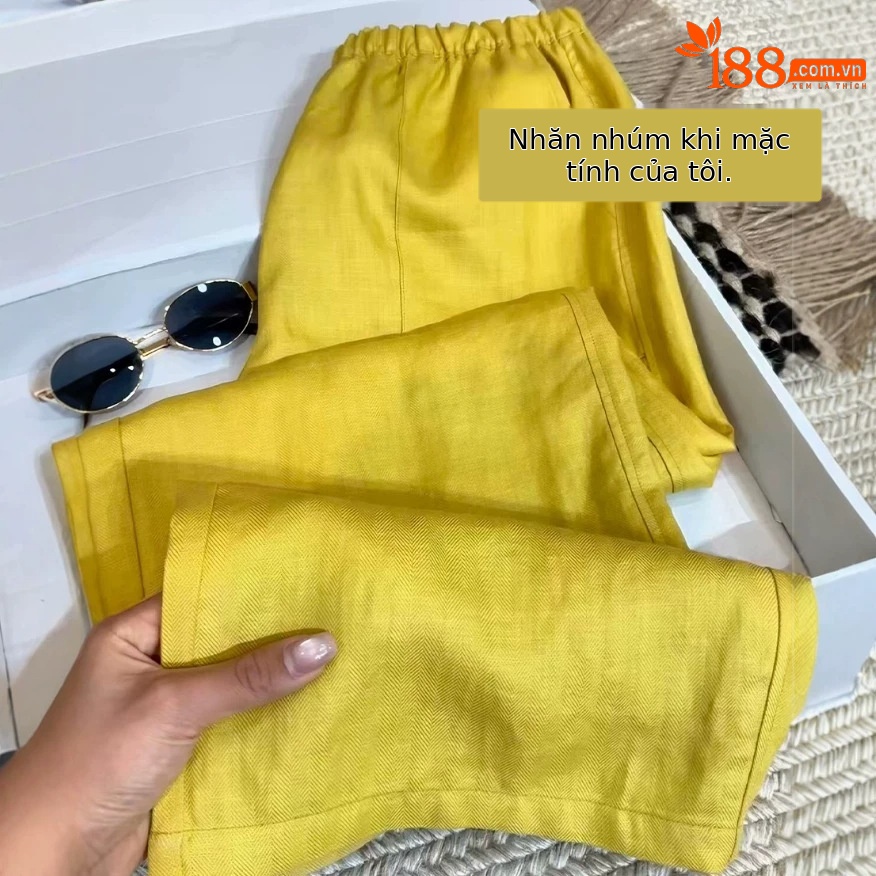 Quần culottes nữ ống rộng vải lanh màu vàng eo cao mùa hè — màu vàng