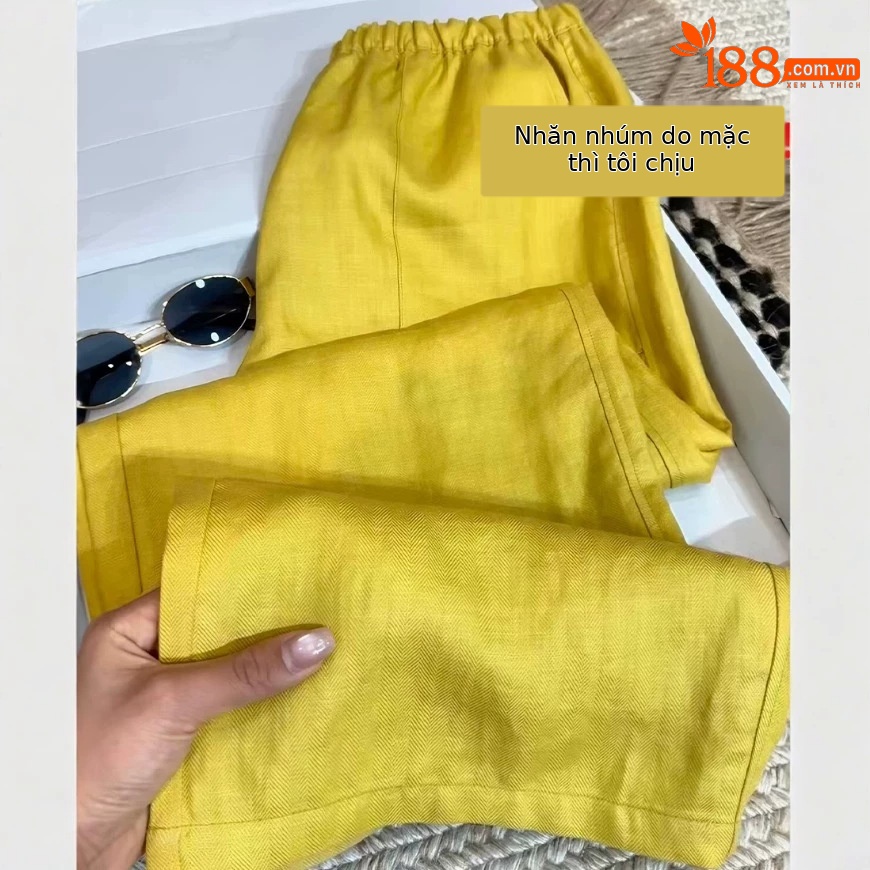 Quần culottes nữ ống rộng vải lanh màu vàng eo cao mùa hè — màu vàng
