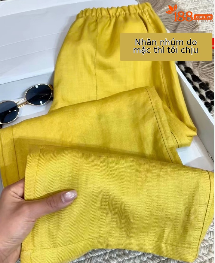 Quần culottes nữ ống rộng vải lanh màu vàng eo cao mùa hè — màu vàng chi tiết 1