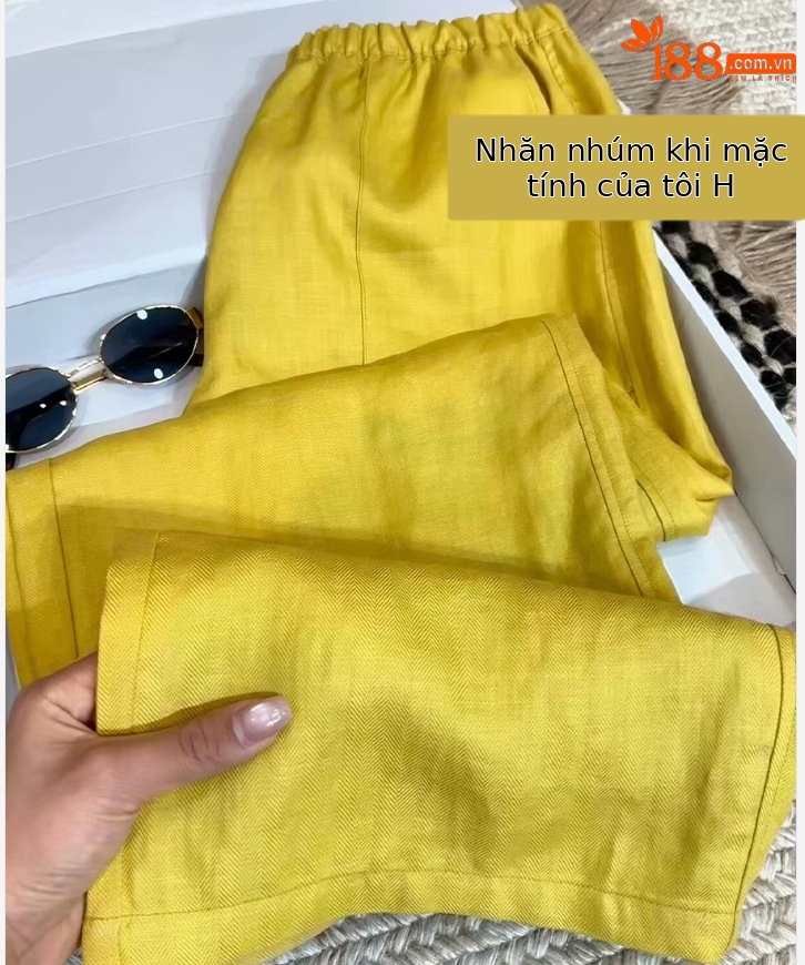 Quần culottes nữ ống rộng vải lanh màu vàng eo cao mùa hè — màu vàng chi tiết 5