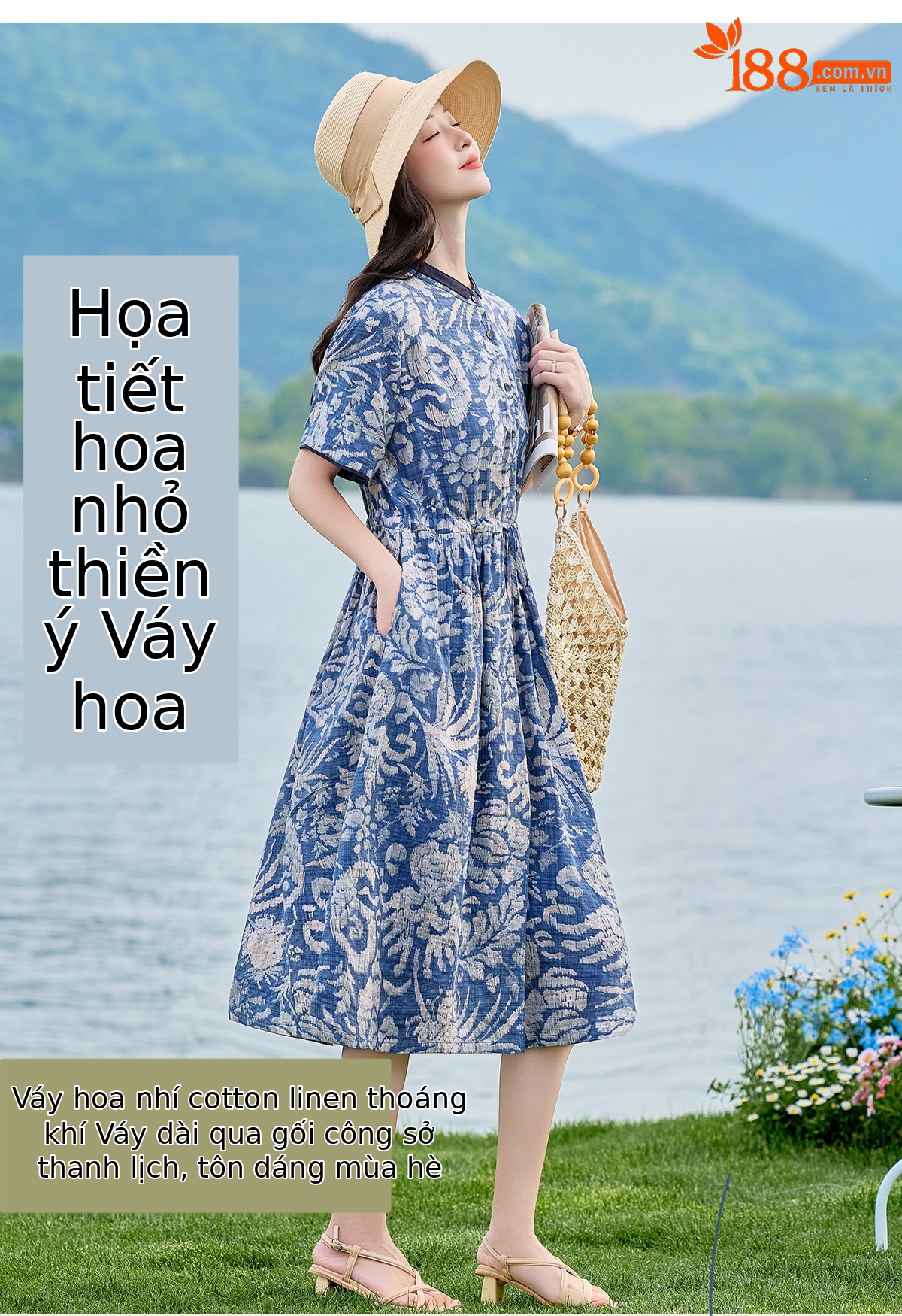 Đầm maxi nữ thắt eo họa tiết hoa nhí dáng suông rộng NI825 — Xanh lông mòng đen chi tiết 1