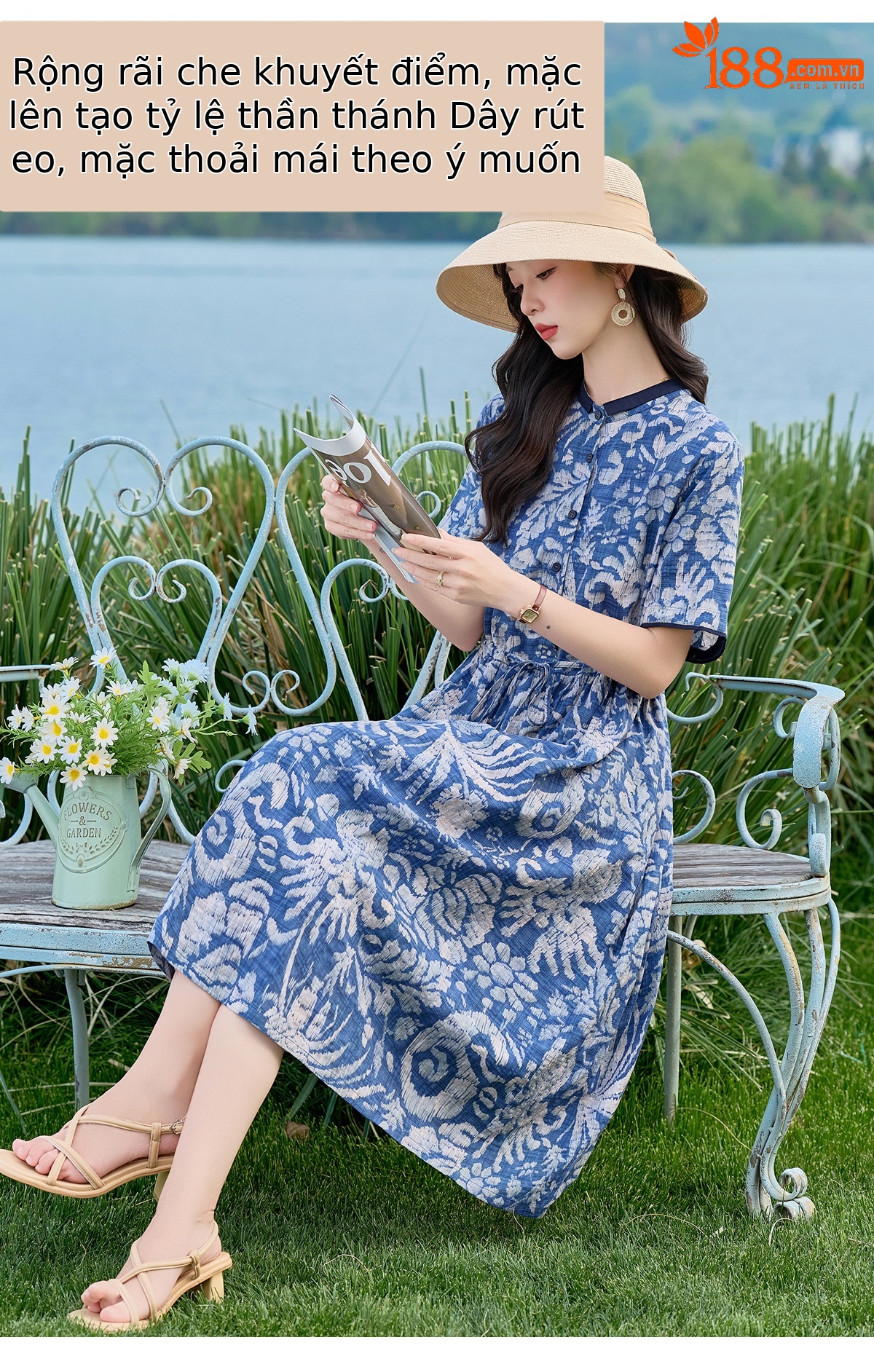 Đầm maxi nữ thắt eo họa tiết hoa nhí dáng suông rộng NI825 — Xanh lông mòng đen chi tiết 5