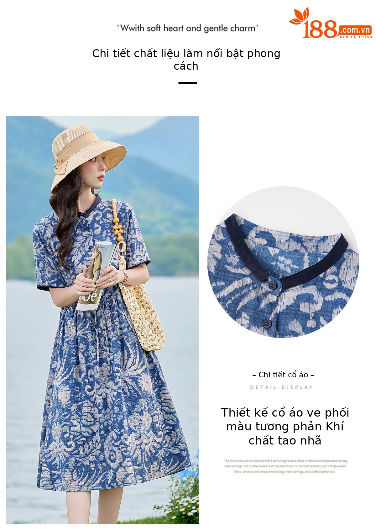 Đầm maxi nữ thắt eo họa tiết hoa nhí dáng suông rộng NI825 — Xanh lông mòng đen chi tiết 6