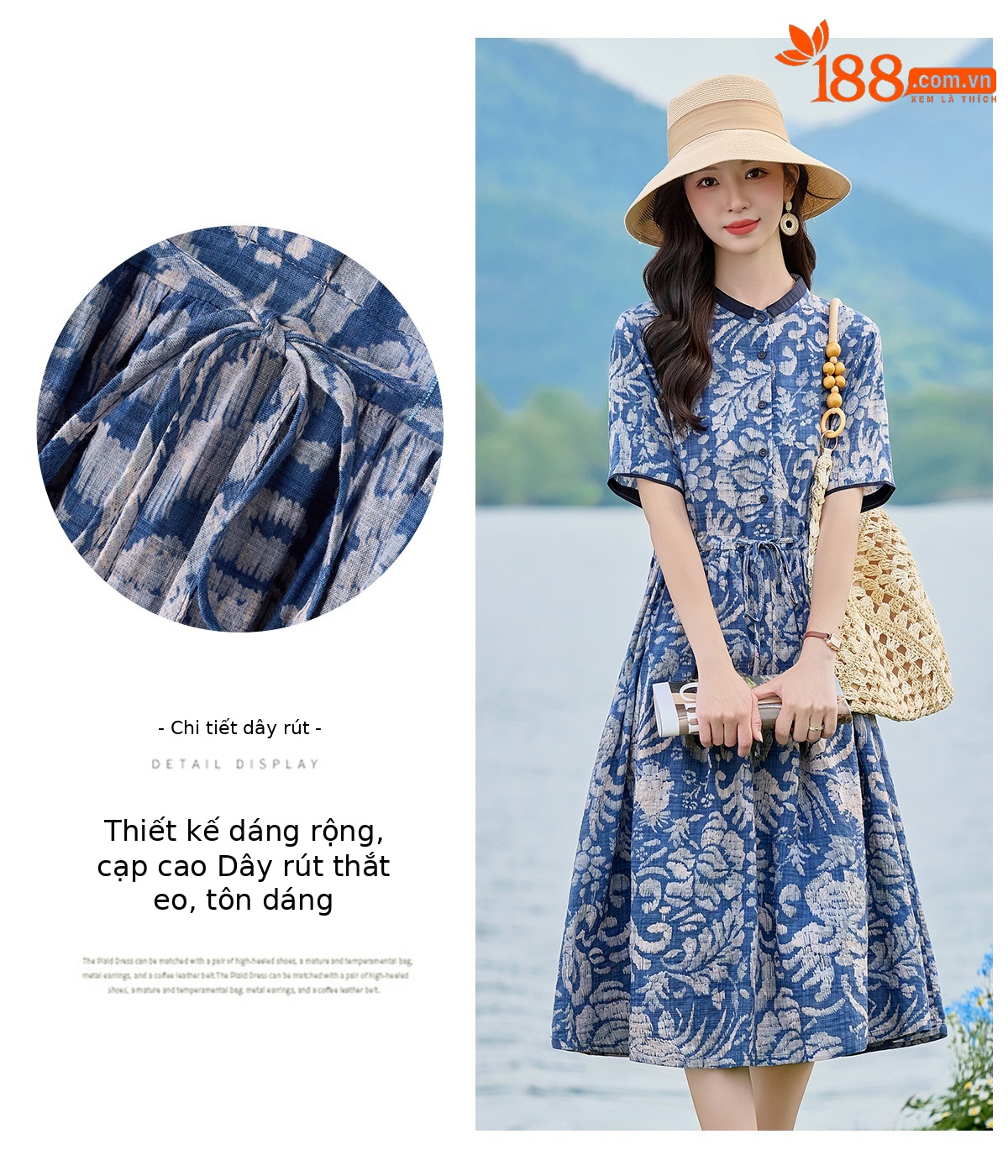 Đầm maxi nữ thắt eo họa tiết hoa nhí dáng suông rộng NI825 — Xanh lông mòng đen chi tiết 7