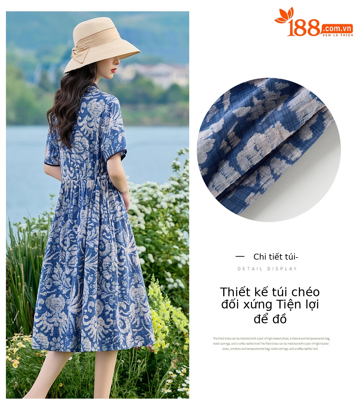 Đầm maxi nữ thắt eo họa tiết hoa nhí dáng suông rộng NI825 — Xanh lông mòng đen chi tiết 8