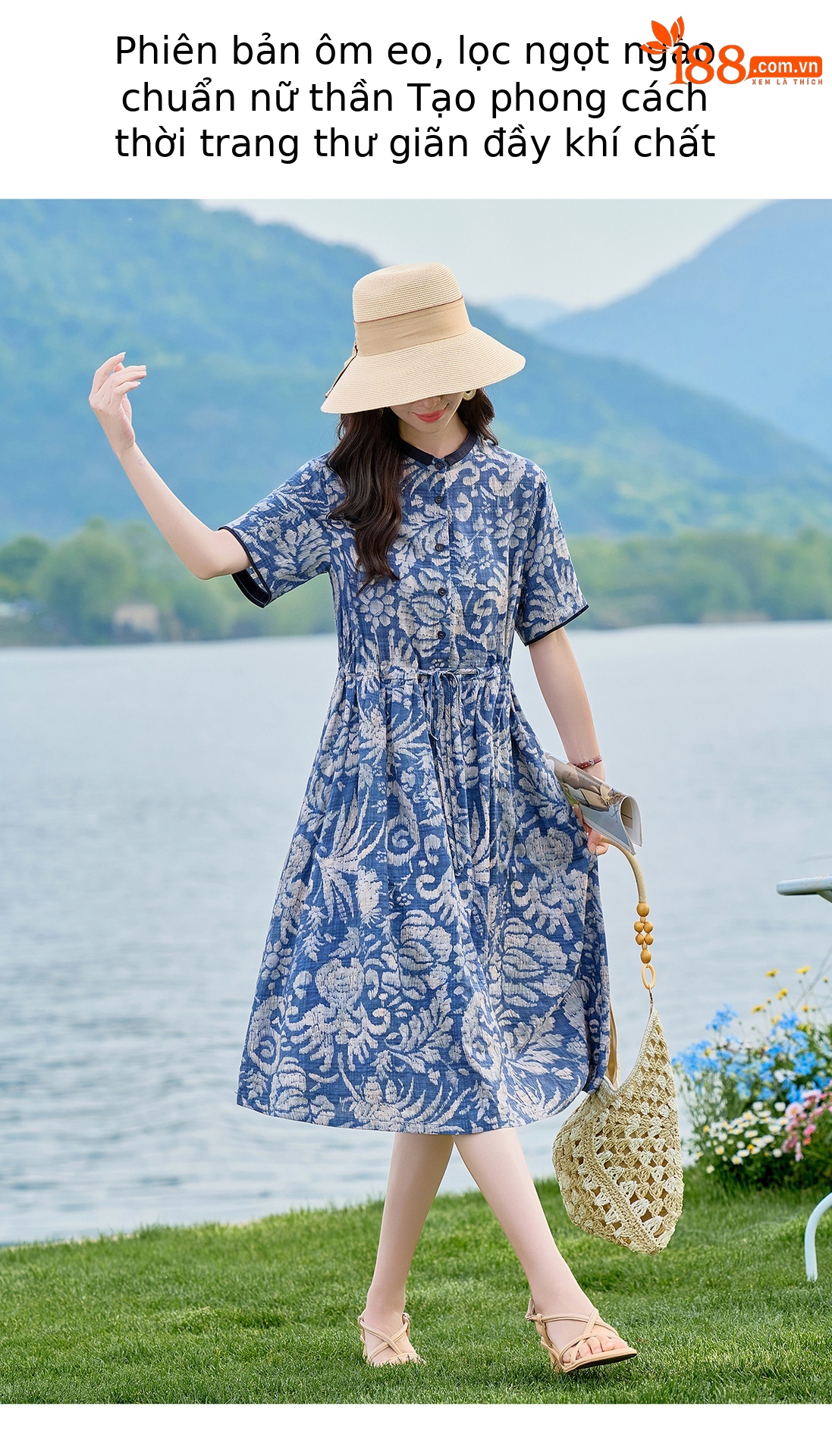 Đầm maxi nữ thắt eo họa tiết hoa nhí dáng suông rộng NI825 — Xanh lông mòng đen chi tiết 9