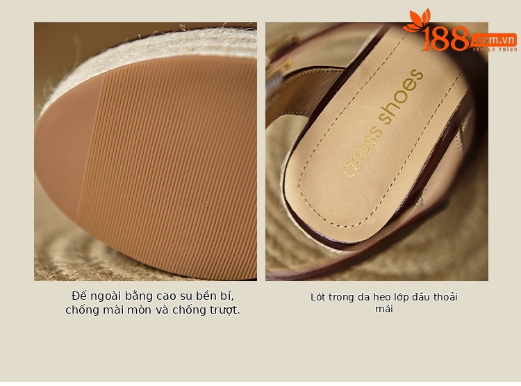 Sandal cao gót nữ quai ngang đế xuồng đan rơm, gót 9 cm — Rượu vang đỏ, màu trắng ngà chi tiết 6