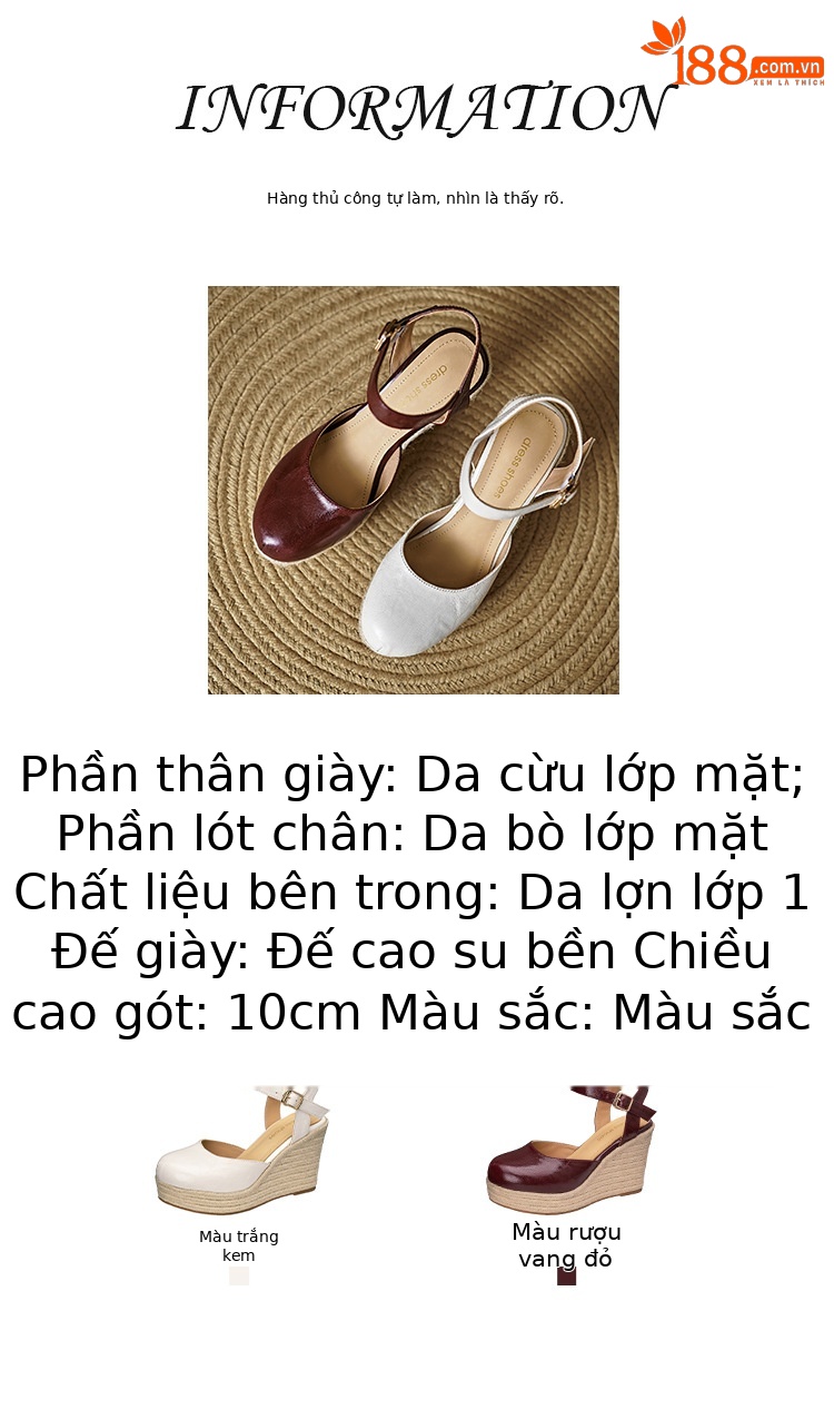 Sandal cao gót nữ quai ngang đế xuồng đan rơm, gót 9 cm — Rượu vang đỏ, màu trắng ngà chi tiết 2