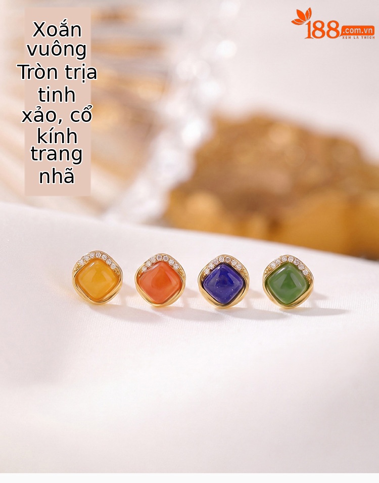 Bông tai bạc S925 đính đá lapis lazuli hình vuông phong cách — Xanh lapis lazuli chi tiết 1