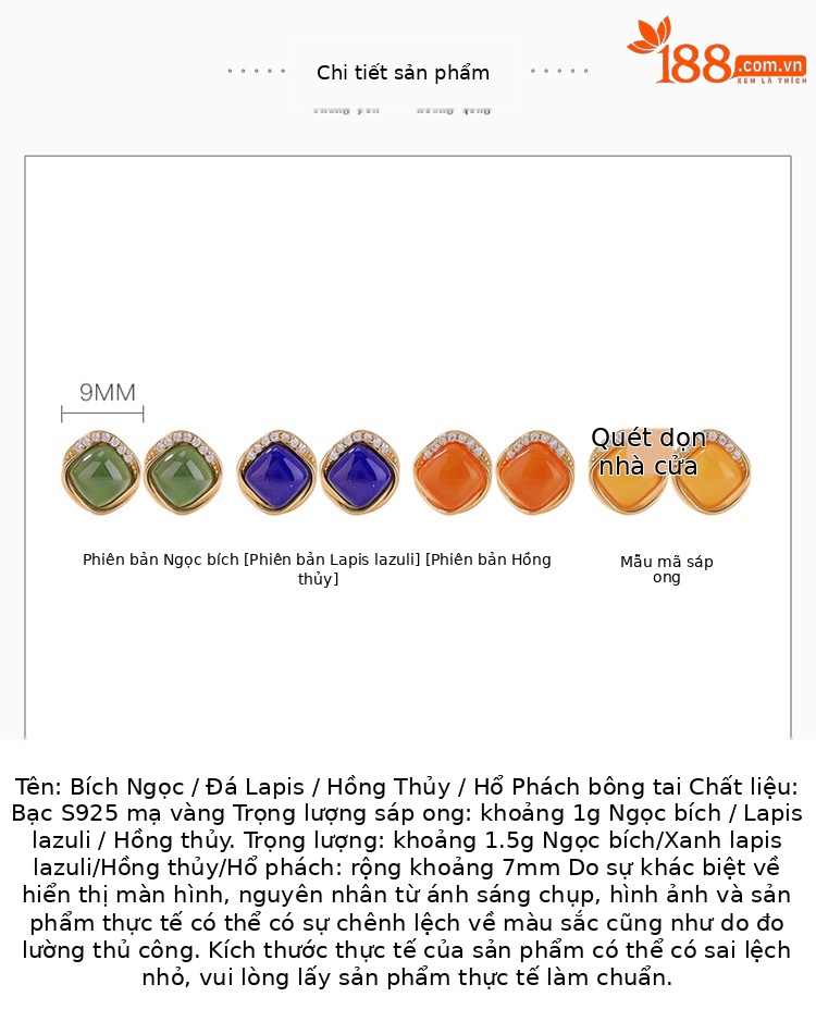 Bông tai bạc S925 đính đá lapis lazuli hình vuông phong cách — Xanh lapis lazuli chi tiết 2