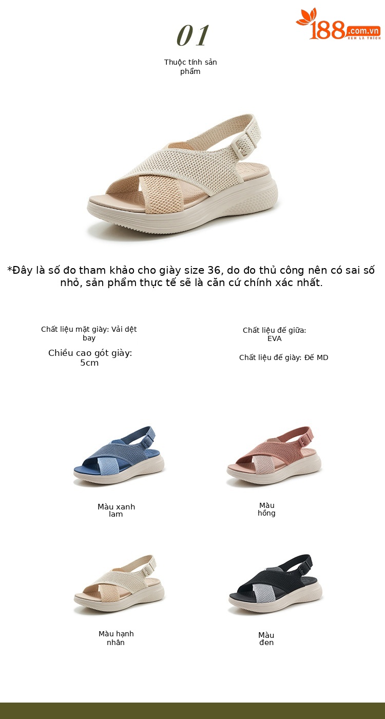 Sandal nữ quai chéo dệt kim phối dây rút, đế MD nhẹ êm — màu be, màu đen, xanh lam, màu hồng chi tiết 35