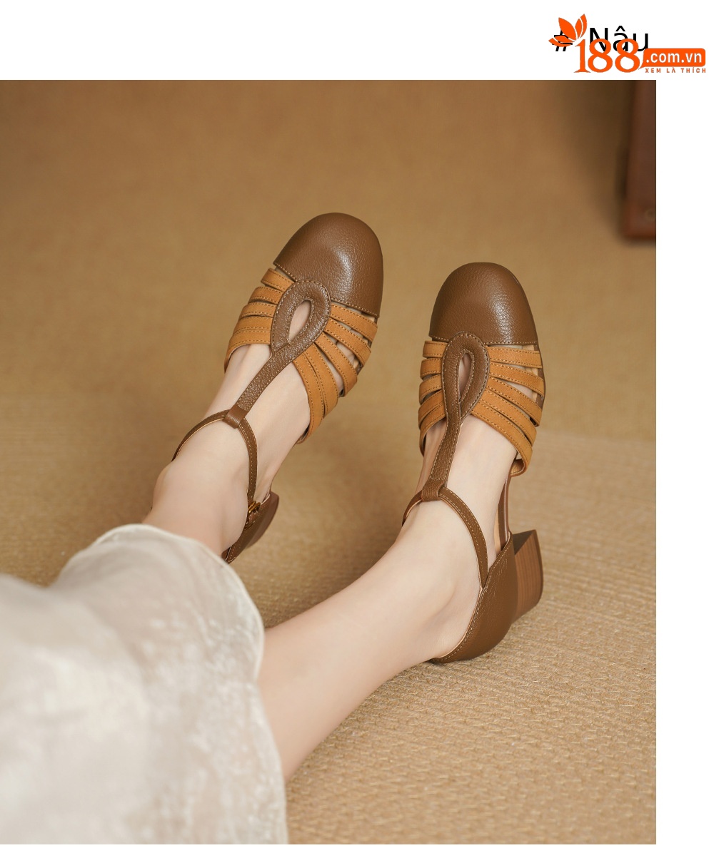 Sandal nữ da cừu bện quai chữ T mũi kín gót 4 cm — đen chi tiết 4