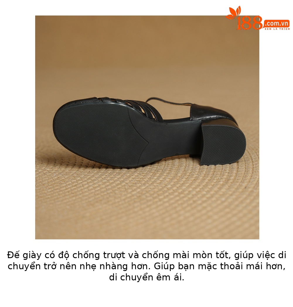 Sandal nữ da cừu bện quai chữ T mũi kín gót 4 cm — đen chi tiết 21