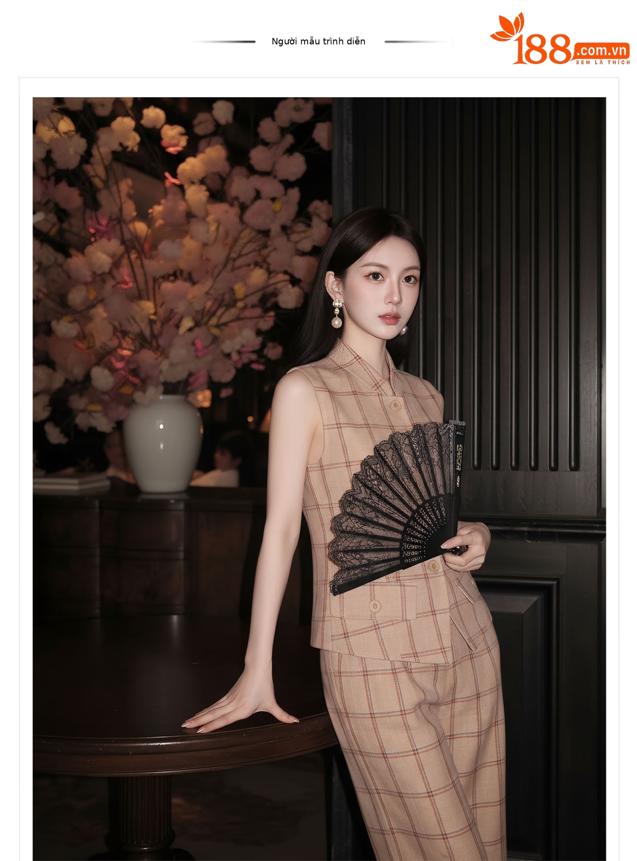 Bộ áo gile + quần dài nữ họa tiết kẻ caro thiết kế cổ điển, cài khuy vải, phối quần ống rộng — bộ đồ, Trang chủ, Quần dài chi tiết 1