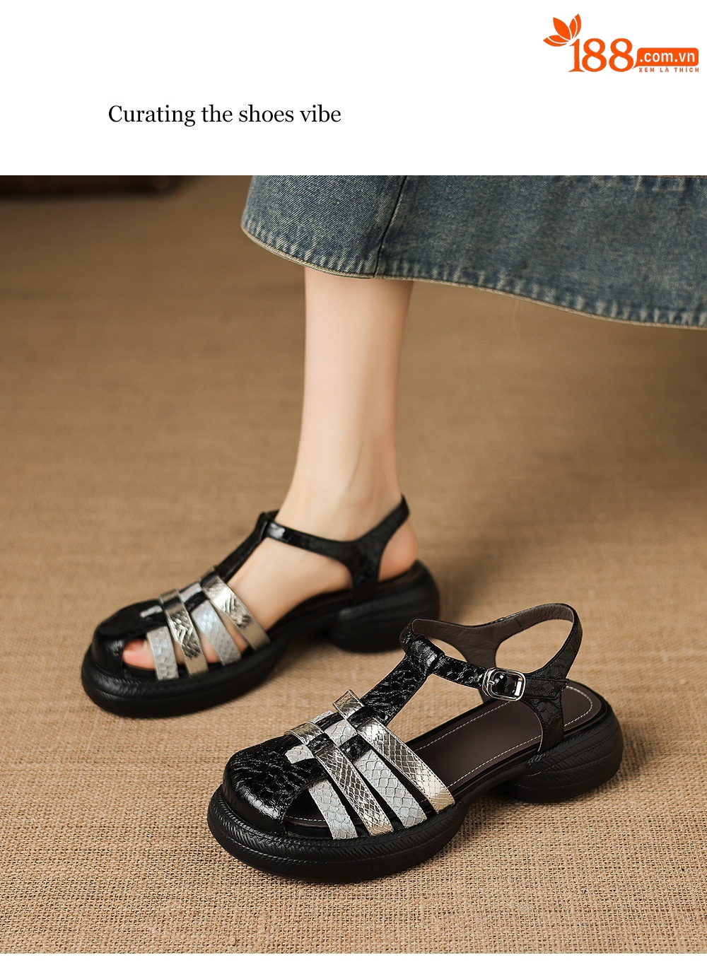 Sandal nữ da cừu dệt màu phối mũi kín quai chữ T, đế dày 4 cm, phong cách La Mã — đen chi tiết 6
