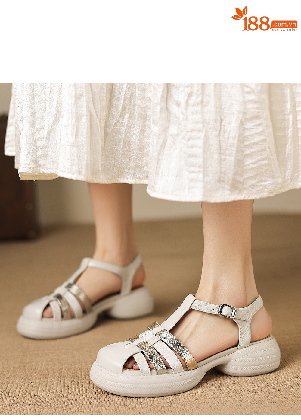 Sandal nữ da cừu dệt màu phối mũi kín quai chữ T, đế dày 4 cm, phong cách La Mã — đen chi tiết 11