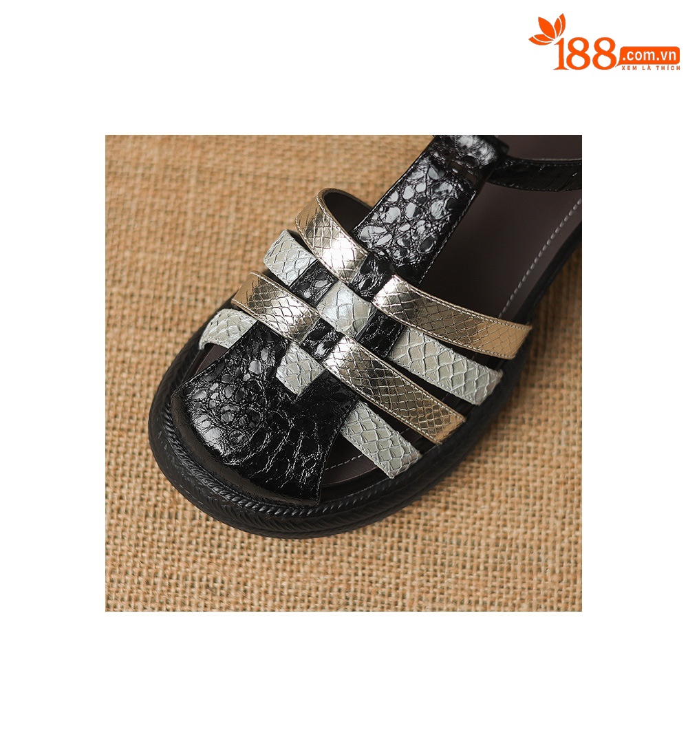 Sandal nữ da cừu dệt màu phối mũi kín quai chữ T, đế dày 4 cm, phong cách La Mã — đen chi tiết 22