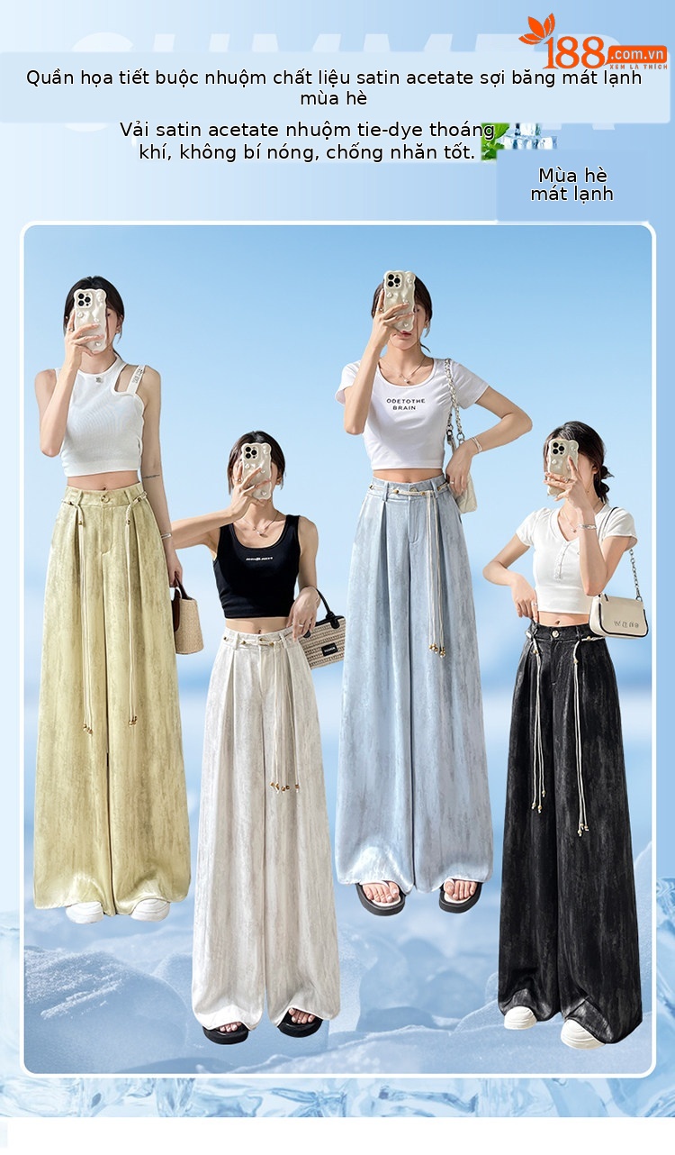 Quần culottes nữ ống rộng cạp cao chất liệu lụa mát mẻ, phong cách dáng suông dài chạm đất — Màu đen thông thường chi tiết 1
