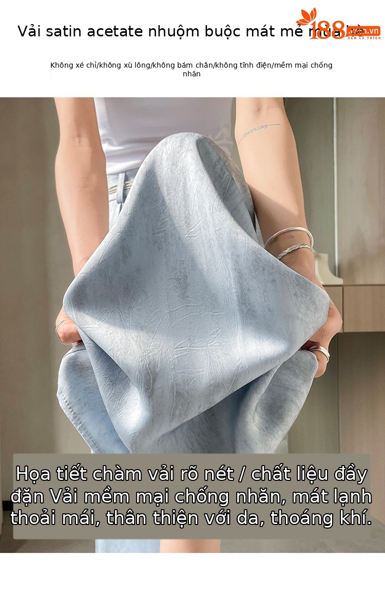 Quần culottes nữ ống rộng cạp cao chất liệu lụa mát mẻ, phong cách dáng suông dài chạm đất — Màu đen thông thường chi tiết 6