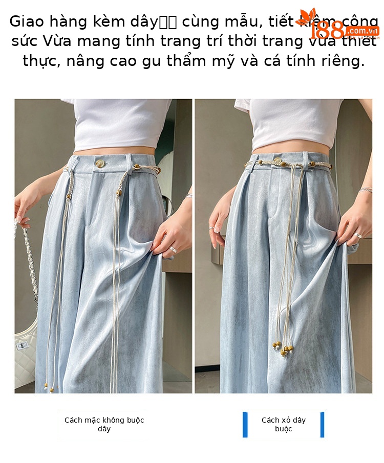 Quần culottes nữ ống rộng cạp cao chất liệu lụa mát mẻ, phong cách dáng suông dài chạm đất — Màu đen thông thường chi tiết 8
