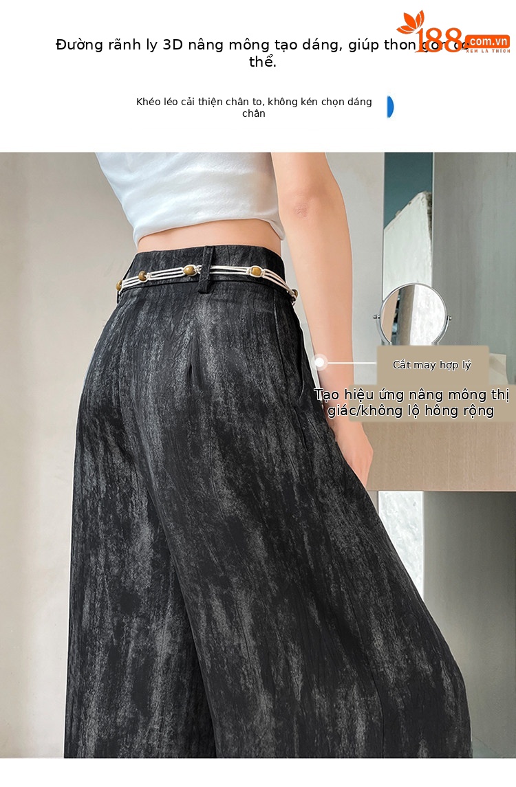 Quần culottes nữ ống rộng cạp cao chất liệu lụa mát mẻ, phong cách dáng suông dài chạm đất — Màu đen thông thường chi tiết 10