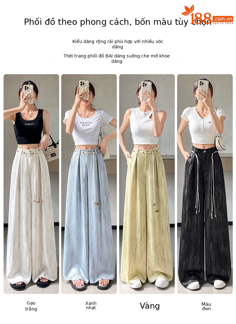 Quần culottes nữ ống rộng cạp cao chất liệu lụa mát mẻ, phong cách dáng suông dài chạm đất — Màu đen thông thường chi tiết 23