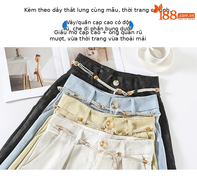 Quần culottes nữ ống rộng cạp cao chất liệu lụa mát mẻ, phong cách dáng suông dài chạm đất — Màu đen thông thường chi tiết 26