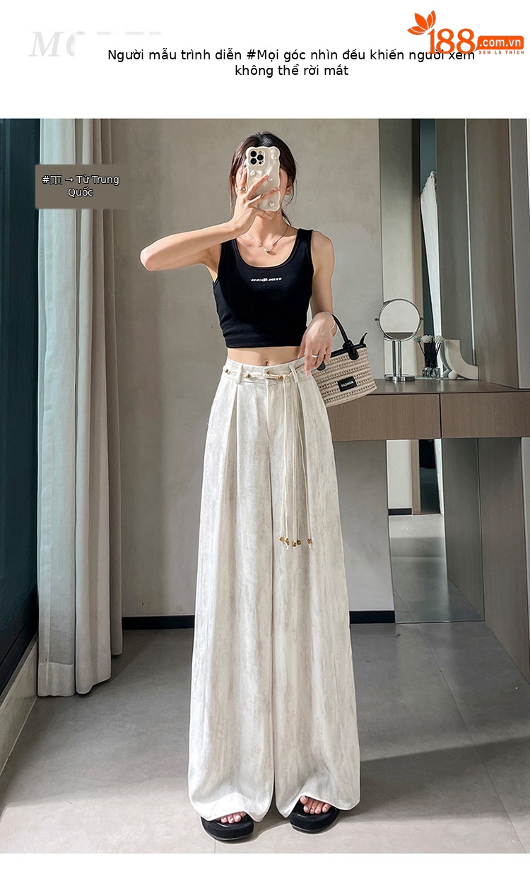 Quần culottes nữ ống rộng cạp cao chất liệu lụa mát mẻ, phong cách dáng suông dài chạm đất — Màu đen thông thường chi tiết 29