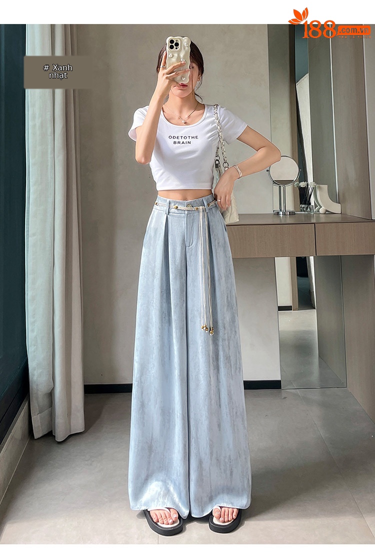 Quần culottes nữ ống rộng cạp cao chất liệu lụa mát mẻ, phong cách dáng suông dài chạm đất — Màu đen thông thường chi tiết 34