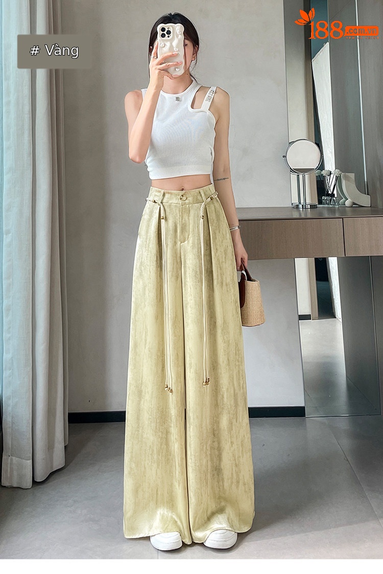 Quần culottes nữ ống rộng cạp cao chất liệu lụa mát mẻ, phong cách dáng suông dài chạm đất — Màu đen thông thường chi tiết 37