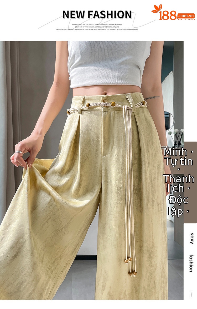 Quần culottes nữ ống rộng cạp cao chất liệu lụa mát mẻ, phong cách dáng suông dài chạm đất — Màu đen thông thường chi tiết 38