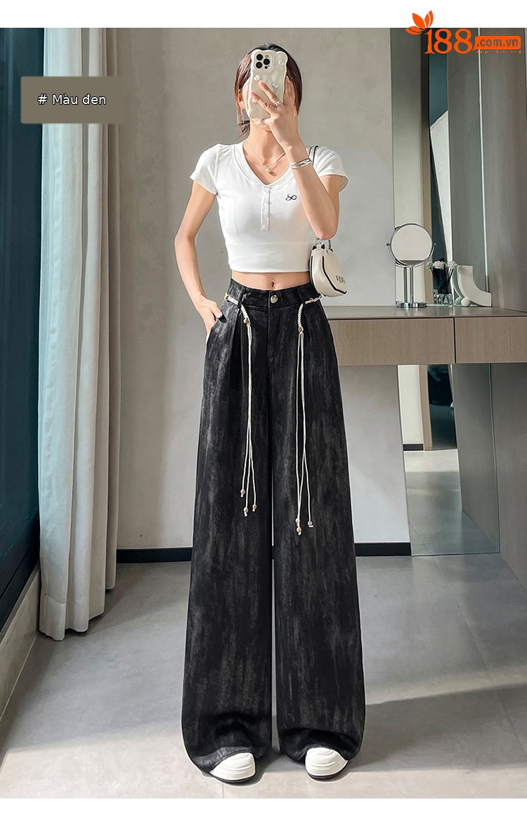 Quần culottes nữ ống rộng cạp cao chất liệu lụa mát mẻ, phong cách dáng suông dài chạm đất — Màu đen thông thường chi tiết 40
