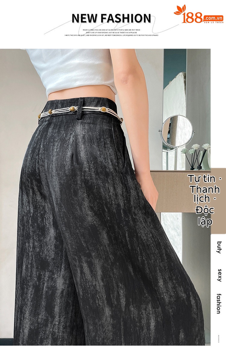 Quần culottes nữ ống rộng cạp cao chất liệu lụa mát mẻ, phong cách dáng suông dài chạm đất — Màu đen thông thường chi tiết 41